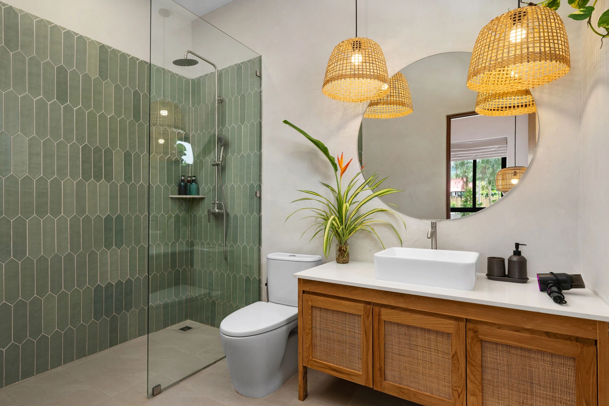 Modern bathroom with walk-in shower and wood vanity